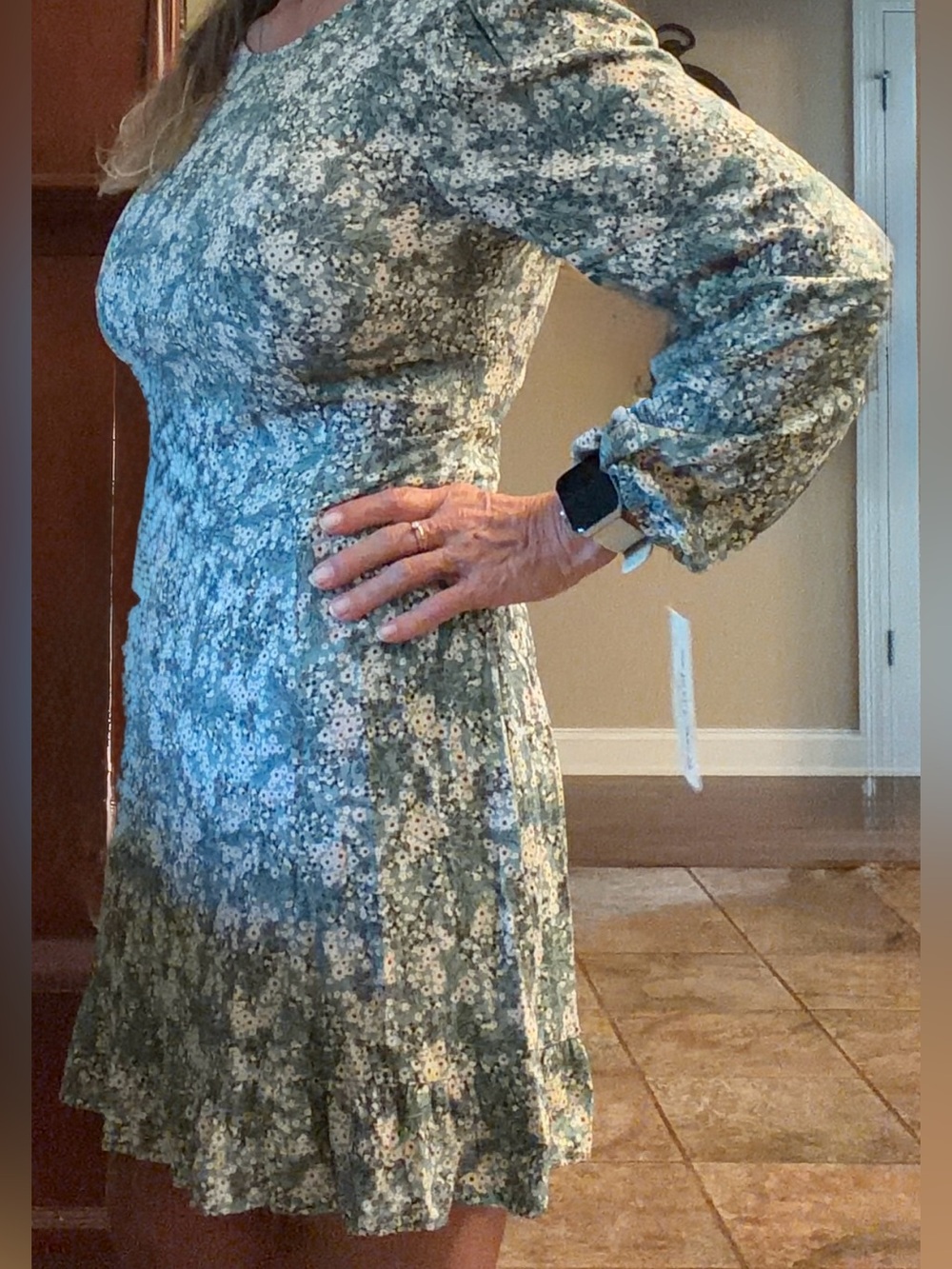 Faded Sage Floral Long Sleeve Ruffle-Hem Dress
